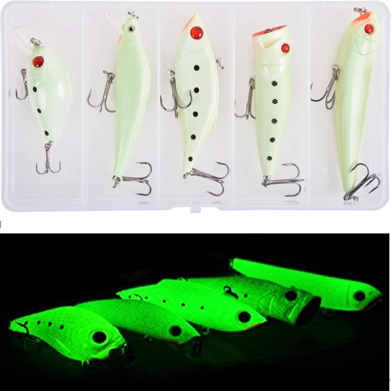 5pcs Minnow Crankbait Luminous Fishing Lures Set with Box Glow Fishing Bait