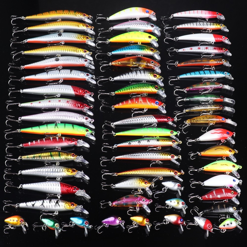 56pcs Minnow Fishing Lure Kit Plastic Bait Artificial Bait Dives Hard Bait