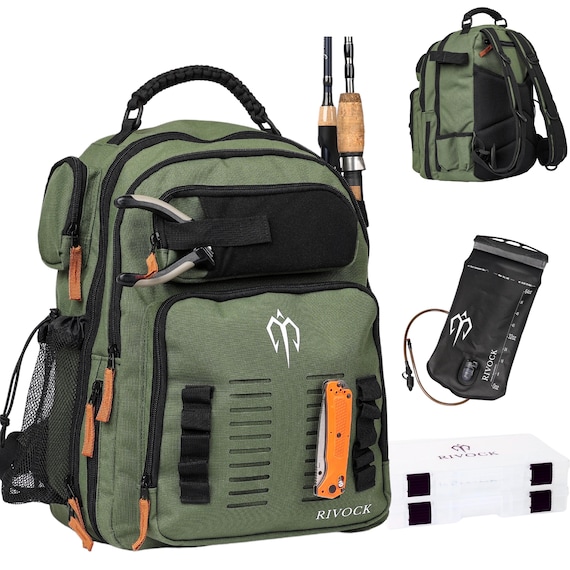 RIVOCK Fishing Tackle Backpack: Insulated Cooler, 2 Tackle Boxes, Hydration Bladder, Rod Holders