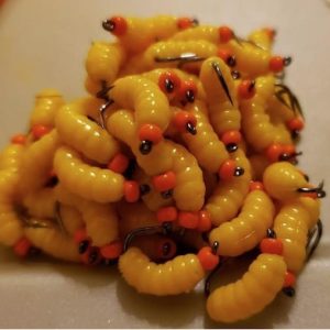 1 DZN - Org BH Rubber Grub Worm - Yellow/Orange  - Trout, Panfish, Ice Fishing - Hook Size 10