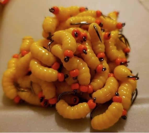 1 DZN - Org BH Rubber Grub Worm - Yellow/Orange - Trout, Panfish, Ice Fishing - Hook Size 10