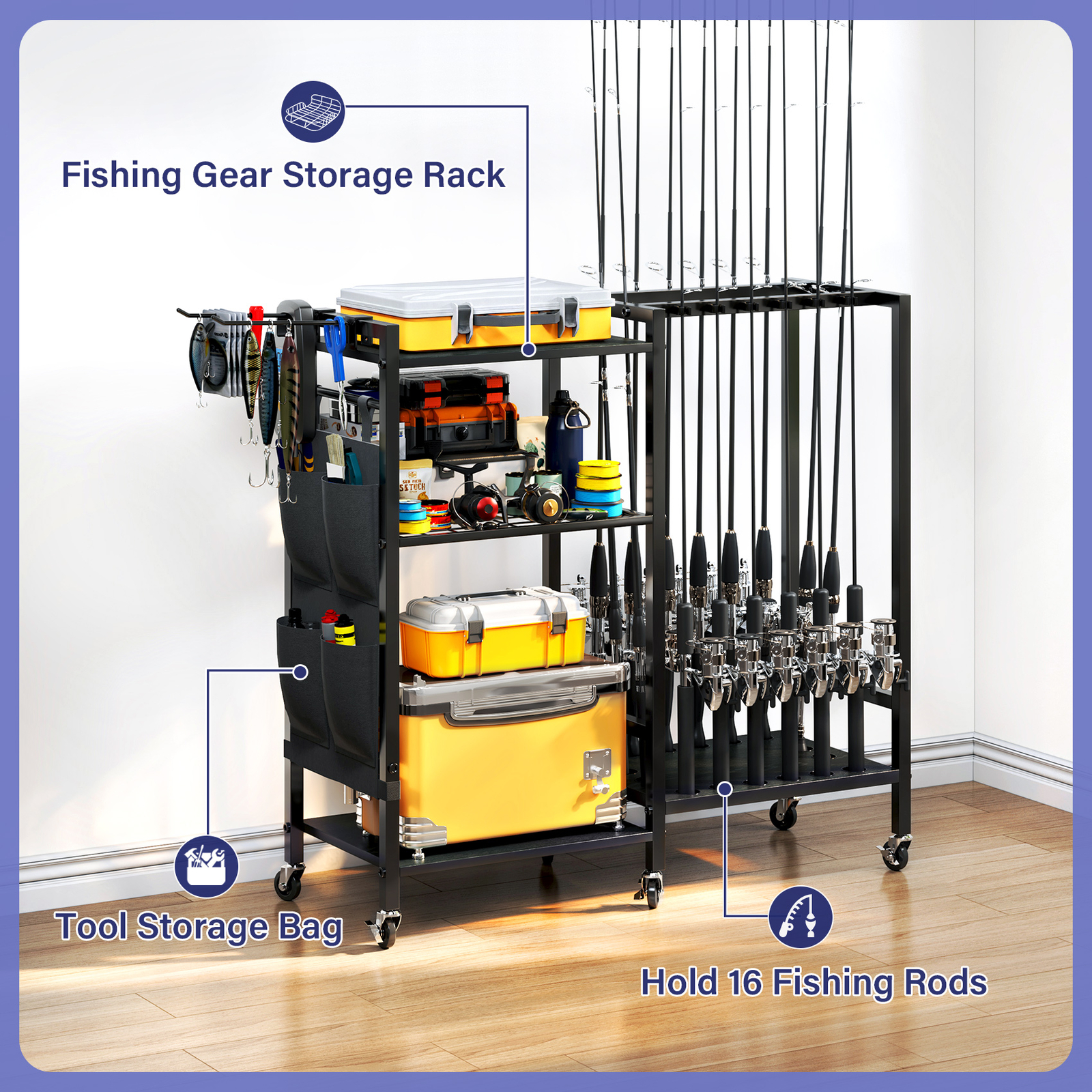 16 Rods Fishing Rod Holder Storage Rack Fishing Gear Equipment Tackle Organizer
